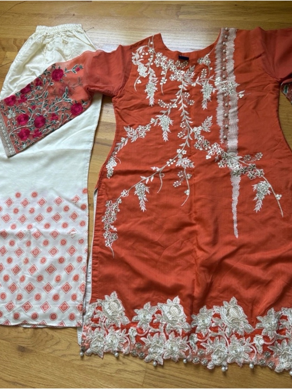 Shalwar Kameez- Orange Embroidered 3 Piece Set- dress, pants, dupatta, Size L